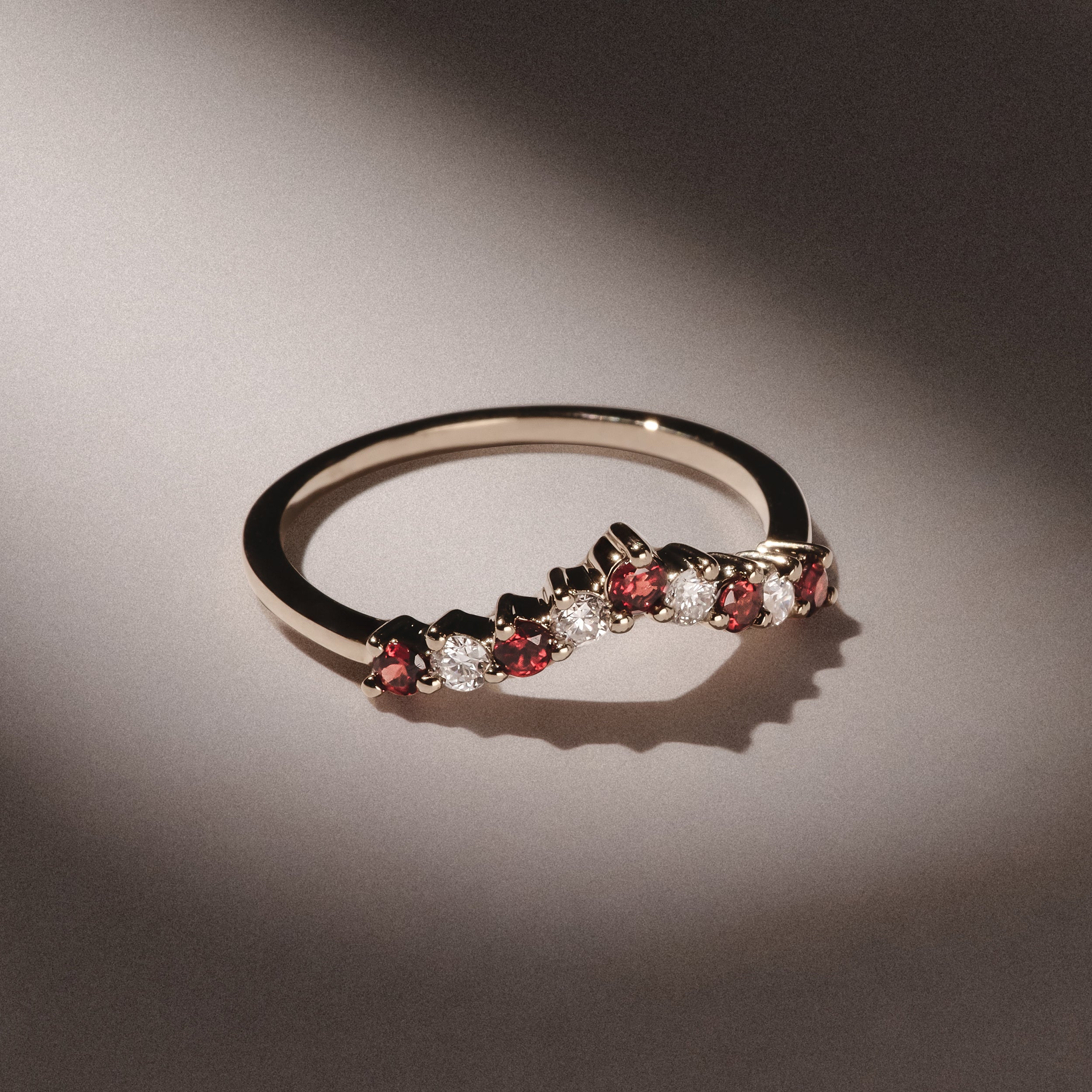 Garnet and Lab Diamond Wishbone Ring in 9K Yellow Gold
